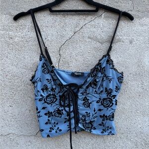 Blue Floral Velvet and Mesh Lace-Up Cami Top